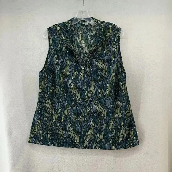 Zenergy By Chico’s Blue And Green Mosaic‎ Pattern Zip Up Collared Tank Sz 2 (14) - Picture 1 of 5